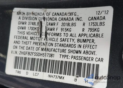 2013 Honda Civic Lx z USA, uszkodzony, nr VIN 2HGFB2F55DH517381